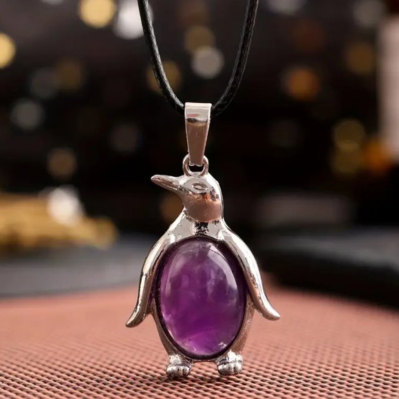 Jewelry - Amethyst Natural Stone Penguin Shaped Pendant Necklace Healing Gemstone Pendant